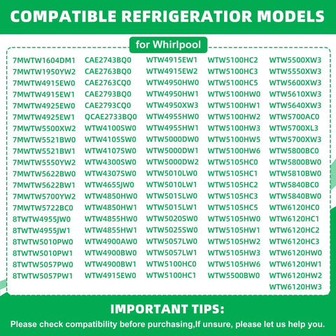 Whirlpool compatible refrigerator models list in green, showing numerous model codes