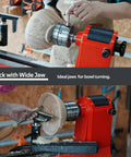 Heavy Duty Wood Lathe Chuck With Self Centering Scroll Jaw System holds a wood blank for bowl turning in workshop.
