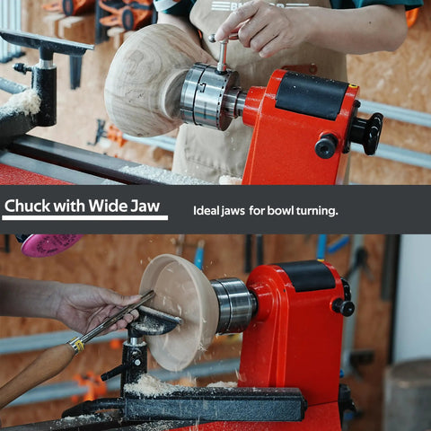 Heavy Duty Wood Lathe Chuck With Self Centering Scroll Jaw System holds a wood blank for bowl turning in workshop.
