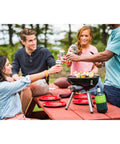 Group enjoying barbecue with red plates and Enamel Dinnerware Set For Outdoor Dining on picnic table outdoors.
