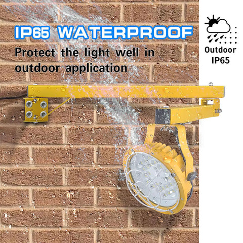 Tough As Nails 30W LED Loading Dock Light With 43 Inch Swivel Arm 3300 Lumen Blazing Output Adjustable Color Temperature IP65 Waterproof mounted on brick wall.