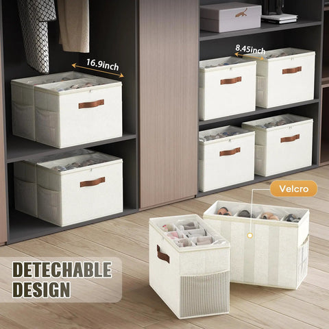 Two Pack Clear Shoe Organizer for Closet With Foldable Storage Containers and Adjustable Dividers Fits Up To Sixteen Pairs Reinforced Handles Space Saving Beige Shoe Storage Bins displayed in closet