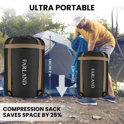 3-4 Season Sleeping Bag For Adults And Kids, Lightweight Camping Gear With Compression Sack, 87 X 29.5 Inches, Dark Grey bag next to tent