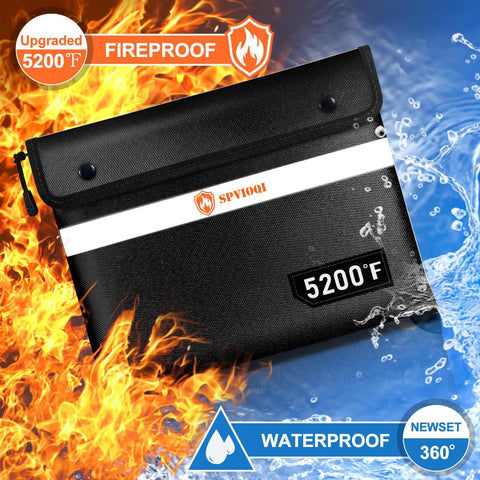 Grab And Go Fireproof Document Bag 5200F With Heat Insulation And Reflective Strip Large 14.2x11 Inch Zippered Cash And Document Organizer shown with flames and water testing.