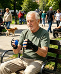 Elderly man using Finger Grip Strength Ball For Stronger Hands And Everyday Grip Training in a park setting.