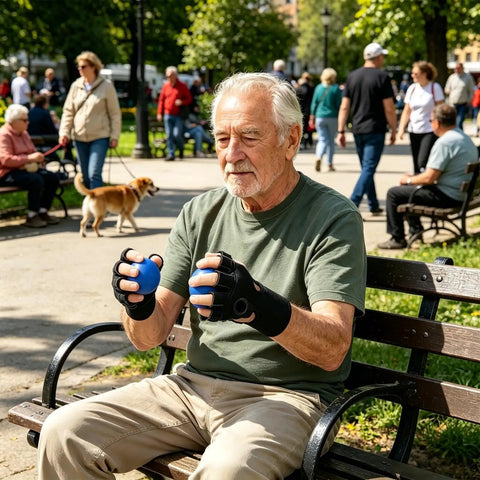 Elderly man using Finger Grip Strength Ball For Stronger Hands And Everyday Grip Training in a park setting.