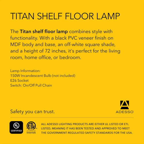 Ad for Tall Square Floor Lamp With Three Tier Open Shelves And Black Base Featuring Soft Fabric Shade for ambient lighting.