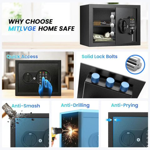 Compact Home Safe 0.9 Cu Ft With Removable Shelf Fireproof And Waterproof Bag Programmable Keypad Smart Alerts And Wall Mount Kit For Money Jewelry And Documents, featuring quick access keypad, solid lock bolts, and anti-theft features.