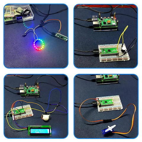 Raspberry Pi Pico Starter Kit With Breadboard I2C 1602 LCD Display Module And 9g Micro Servo displayed with wiring setup