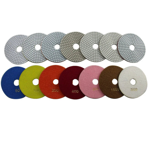 6 Inch Wet Diamond Polishing Pads 7 Step Set With Flexible Velcro Backing 3mm Thick Heavy Duty Pro Grade Discs displayed in grit order