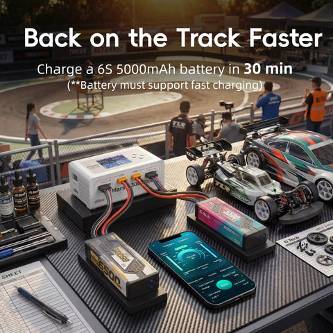 Dual LiPo Charger For RC Fans With Bluetooth App Control, 16A AC 300W DC 700W, Fast Balance Charge setup with racing cars