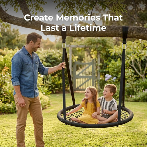 Heavy Duty Tree Swing Straps And Hammock Straps Kit For Trees securing a swing with kids in backyard, man holding straps