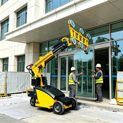 Pro Grade Heavy Duty Mobile Hydraulic Glass Vacuum Lifter With Rock Solid Suction Cups For Effortless Granite And Marble Panel Handling Making Construction Work A Breeze, lifting glass at a building site.