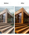 Before and after of a modern wooden structure showing enhancement with Dead Solid Pure Tung Oil, 100 Percent Natural Wood Finish.