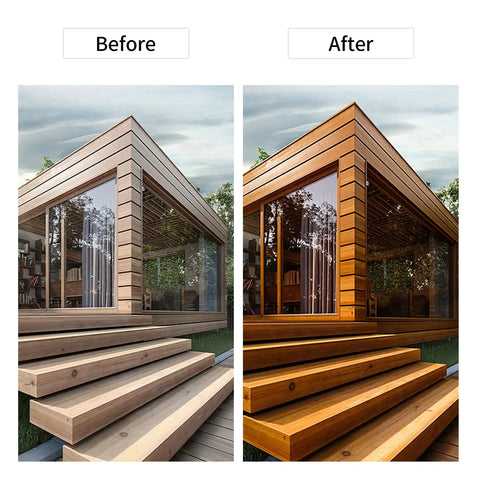 Before and after of a modern wooden structure showing enhancement with Dead Solid Pure Tung Oil, 100 Percent Natural Wood Finish.