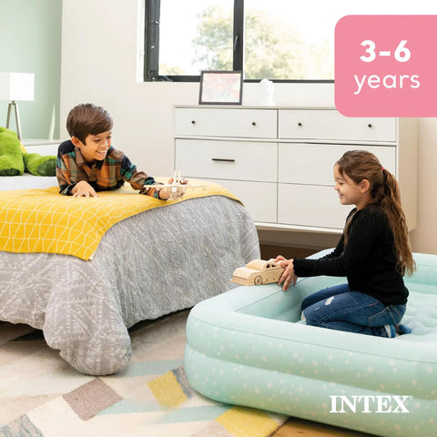 Kids Travel Air Mattress With Raised Sides And Hand Pump Portable Blow Up Bed For Sleepovers Naps And Travel Plush Surface
