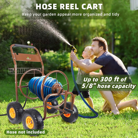 Heavy Duty Freestanding Hose Reel Cart With Four Wheels That Holds 300 Feet Of 5/8 Inch Hose Includes 6.5 Foot Leader Hose