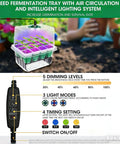 Indoor seedling tray with grow light showing dimming levels, lighting modes, and timing settings for veggies, herbs, and flowers.