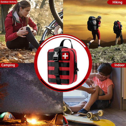 Front view of red and black MOLLE first aid kit pouch with straps and cross emblem