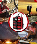 Red universal IFAK trauma first aid kit with MOLLE straps and carry handle.