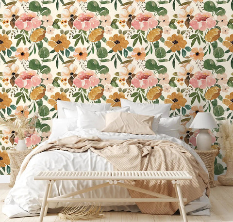 Vintage Boho Floral Peel And Stick Wallpaper With Peonies In Rose Beige Pink And Olive behind a cozy bedroom setting.