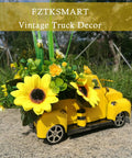 Metal Truck Decor With Sunflowers And Bees, vintage yellow pickup with sunflowers on grass, fall farmhouse home accent
