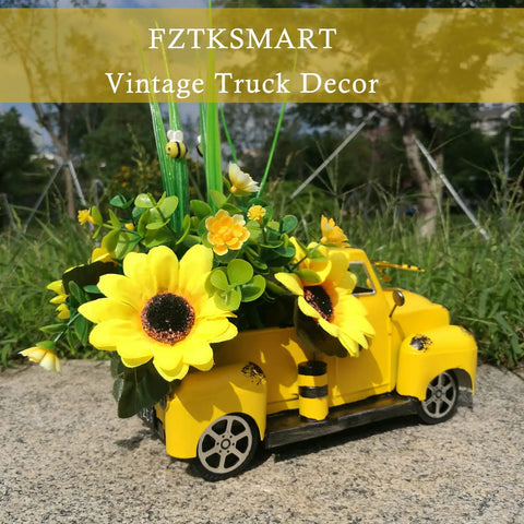 Metal Truck Decor With Sunflowers And Bees, vintage yellow pickup with sunflowers on grass, fall farmhouse home accent