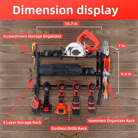 Heavy Duty Power Tool Organizer Wall Shelf For Drill Storage Rack And Tool Box Keeps Hand And Power Tools Within Reach Space Saving Garage Storage shown with dimensions and tools.
