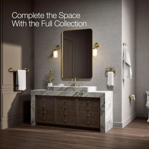 Artifacts Double Robe Hook In Vibrant Brushed Moderne Brass For Bathroom Storage shown in elegant bathroom setting