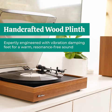 Electrohome Montrose Vinyl Record Player With Belt Drive Turntable And Audio-Technica Stylus Speed Control Motor Built-In Preamp Wood Plinth showing handcrafted design and vibration damping for clear sound.