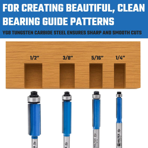 Top Bearing Flush Trim Router Bit Set, 4 Pieces, 1/4 Inch Shank, CNC Woodworking Tool, Tungsten Carbide Blade for Clean Cuts