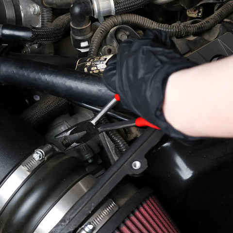 11 Inch Pliers Set 8 Piece With Long Reach Circle Nose Pliers in use for automotive wire bending in tight space
