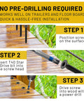 Installation steps for Workhorse 5/16 X 2-1/2 Inch Flat Head Trailer Deck Screws With Self Tapping Threads and Machine Screw Grip.