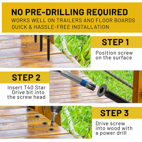 Installation steps for Workhorse 5/16 X 2-1/2 Inch Flat Head Trailer Deck Screws With Self Tapping Threads and Machine Screw Grip.