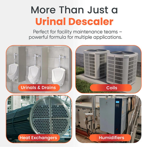 Image showing urinals, HVAC coils, heat exchangers, and humidifiers, highlighting multiple applications for urinal descaler.