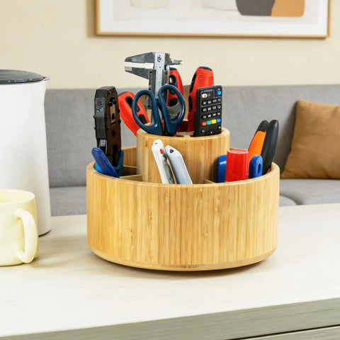 Large Bamboo 360 Degree Rotating Pencil Holder Desk Organizer With 11 Compartments For Pens Markers And Tools Smooth Spin