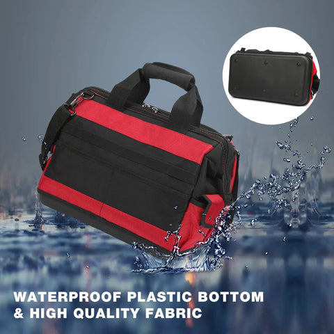 Red and black rugged wide mouth tool bag with waterproof rubber base, 46 pockets, heavy-duty 600D and 1680D fabric for pros.