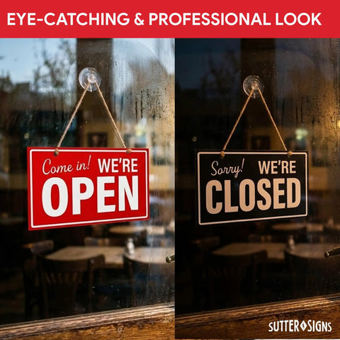 Double-sided open and closed sign for biz with twine and suction cup, showing 'Open' on left and 'Closed' on right on window
