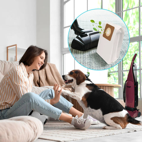 Woman playing with dog in living room, Bissell vacuum in background, inset showing Nine Pack Style 7 Vacuum Bags for Bissell PowerForce.