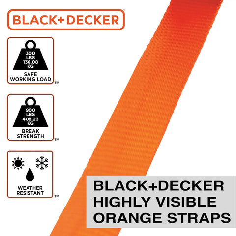 Top Shelf Ratchet Tie Down Straps 1 Inch By 10 Feet 4 Pack features bright orange weather resistant polyester straps.