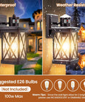 2 Pack Motion Sensor Outdoor Wall Lights Dusk To Dawn Exterior Wall Mount Lanterns Black Waterproof LED Sconces with snow and rain, suggesting weather resistance.