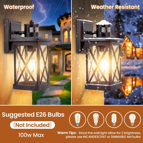 2 Pack Motion Sensor Outdoor Wall Lights Dusk To Dawn Exterior Wall Mount Lanterns Black Waterproof LED Sconces with snow and rain, suggesting weather resistance.