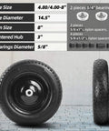 Flat Free Wheelbarrow Tire And Wheel Set, 14.5 Inch Solid Wheel With 3 Inch Hub, Universal Replacement For 4.80 By 4.00-8. Side and front view showing dimensions and parts.