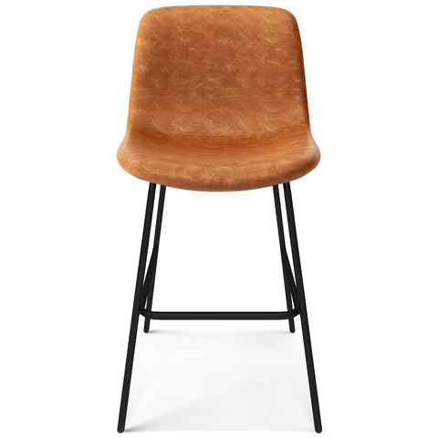Contemporary 24 Inch Counter Height Stool Set Of 2 In Camel Brown Vegan Faux Leather With Comfy Padded Bucket Seat, front view.