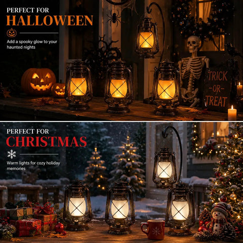 LED Camping Lantern Battery Powered Two Pack With Remote Control Rechargeable Outdoor Hanging Light Flickering Flame Retro Style Lanterns 4 Modes Non Solar used for Halloween and Christmas decor