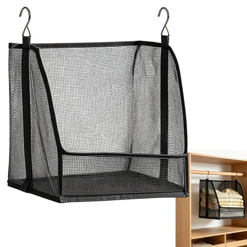 Hangable Closet Shelf Organizer With Soft Fabric Storage Bin to Safeguard Delicate Threads Tidy Dorm Rooms and Small Spaces, black mesh design.