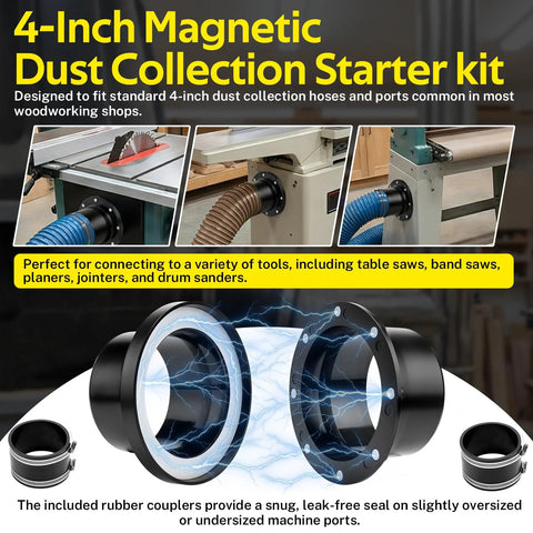 4-inch magnetic dust collection starter kit with 2 steel port receivers and 2 rubber hose couplers for woodworking.
