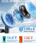 Visualization of AI smart-cooling technology in 2026 with battery protection features and temperature comparisons at 98.6°F and 108°F.