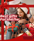 Couple exchanging gifts with Christmas decorations in background.