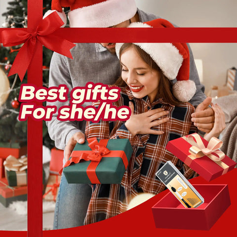 Couple exchanging gifts with Christmas decorations in background.